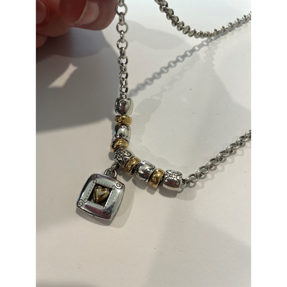 Brighton Two Tone Silver Gold Heart Square Pendant Scroll Bead Rolo Necklace - Picture 2 of 4